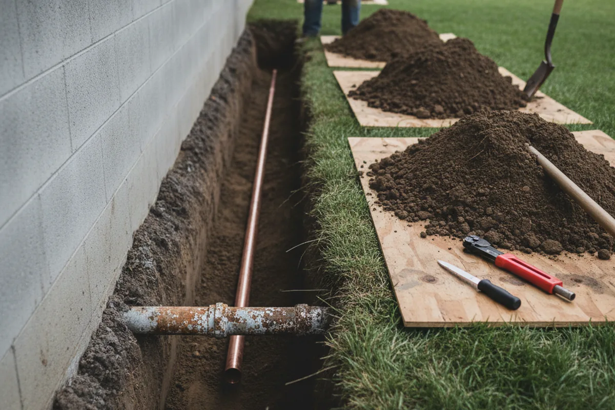 Excavated water line trench during Water Softener Installation in Nora Springs